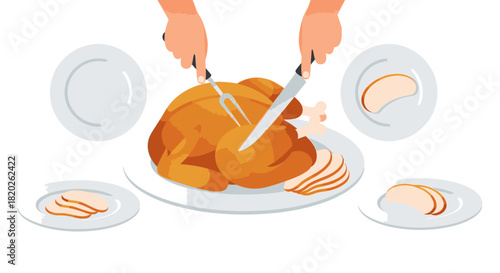 Carving a delicious roasted turkey for a festive meal, presented on a platter with sliced portions and plates