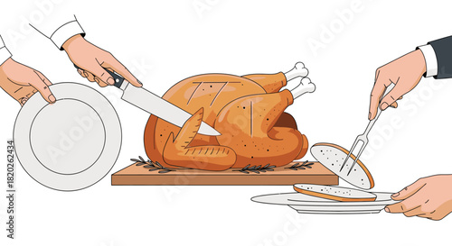 Close-up illustration of hands carving and serving a perfectly roasted turkey, accompanied by side dishes, preparing for a festive holiday meal or a special celebratory dinner