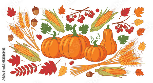A vibrant illustration of autumn harvest elements including pumpkins, corn, wheat, acorns, and colorful leaves.