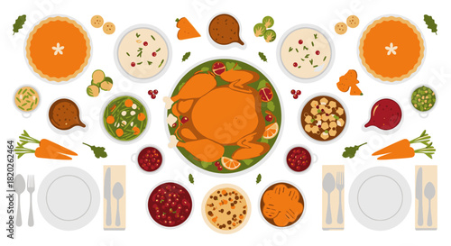 A top-down view of a festive Thanksgiving dinner table with a roasted turkey, various side dishes, and place settings.