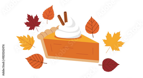 A delicious slice of pumpkin pie topped with whipped cream, surrounded by colorful autumn leaves, perfect for Thanksgiving and fall celebrations
