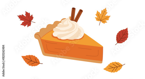 Delicious slice of pumpkin pie with whipped cream and cinnamon sticks, surrounded by autumn leaves