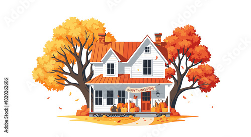 Charming illustration of a picturesque white farmhouse adorned with vibrant autumn foliage, festive pumpkins, and scattered leaves, capturing the cozy spirit of fall