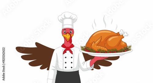 Animated cartoon turkey chef proudly serves a delicious golden brown roasted fowl on a platter, ready for a festive holiday feast or special occasion dinner