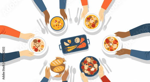 A diverse group of people gathered around a table, sharing a meal with various dishes and bread.