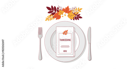 Chic Fall Dining Setup Featuring a Place Setting, Menu, and Vibrant Autumn Leaf Garland for a Special Festive Occasion