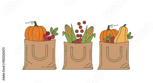 Three paper bags filled with autumn harvest vegetables and fruits, flat illustration.