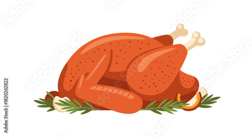 A roasted turkey, golden brown and ready to eat, garnished with herbs and vegetables.