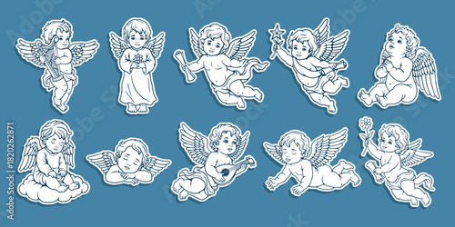 Fotografie Cute Baby Angel Cherub Collection, Vintage Winged Child Illustrations Set