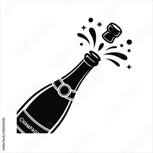A black champagne bottle erupts with celebratory bubbles and stars on a transparent backdrop