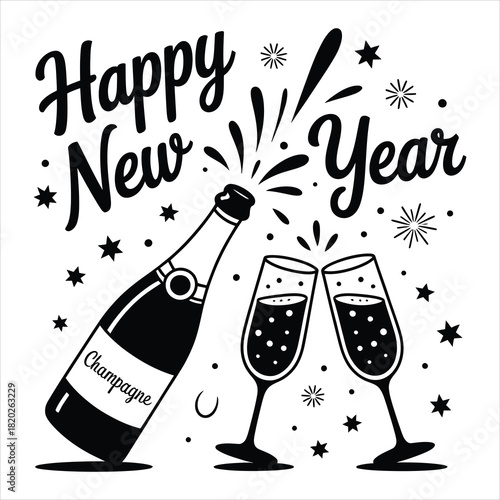 Black and white displays champagne bottle and glass with Happy New Year message on transparent background