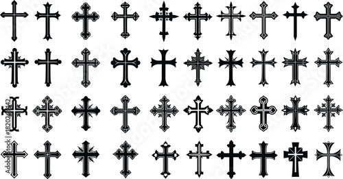 Ornate Decorative Cross Vector Collection, Set of Vintage and Gothic Religious Crucifix Icons