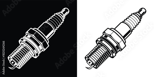 Closeup illustration of a spark plug, a component used in internal combustion engines, black and white