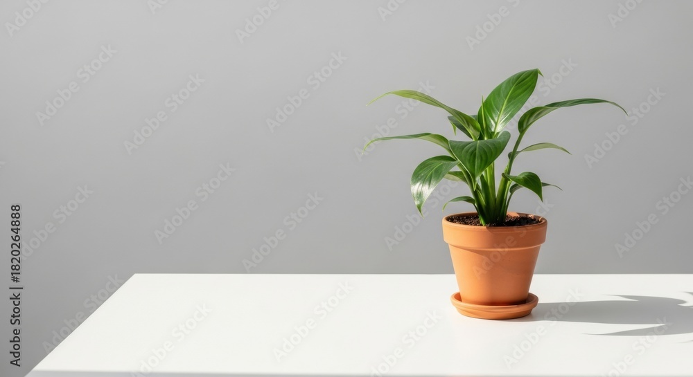 Fototapeta premium Peace Lily in Terracotta Pot on White Table Against Gray.