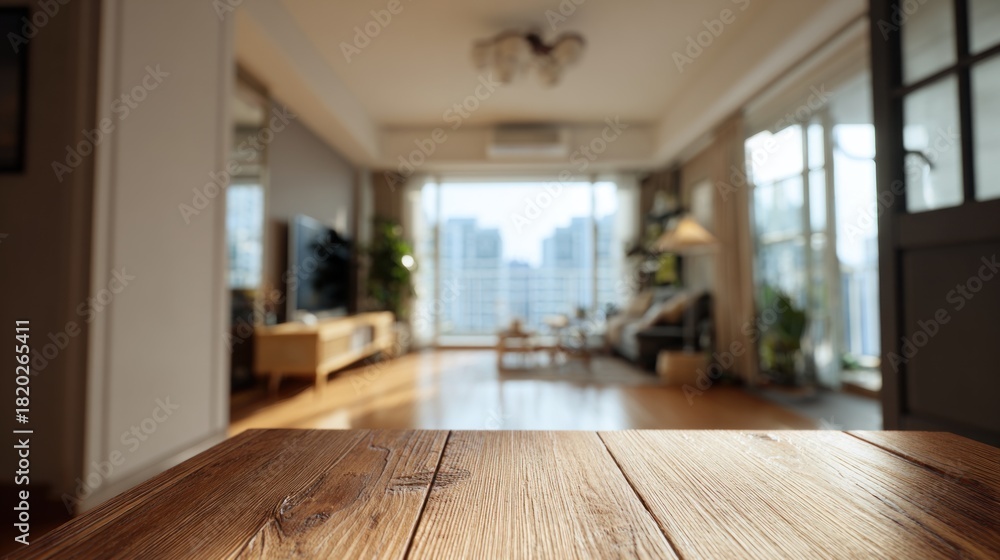 Fototapeta premium A cozy interior view showcasing a wooden table with a bright living space and large windows revealing a city skyline.