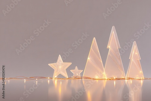 Minimalist composition featuring clear acrylic Christmas trees and stars, softly lit from beneath, evoking a serene holiday ambiance against a pristine backdrop