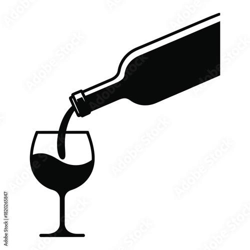 Black wine bottle pours liquid into a wineglass in a simple on white