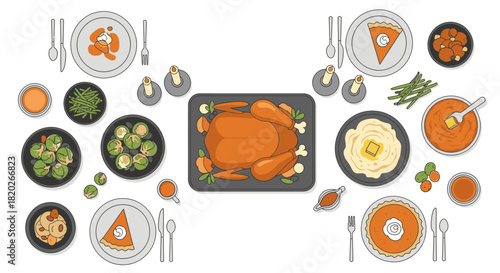Overhead view of a Thanksgiving dinner table with turkey, sides, and desserts.