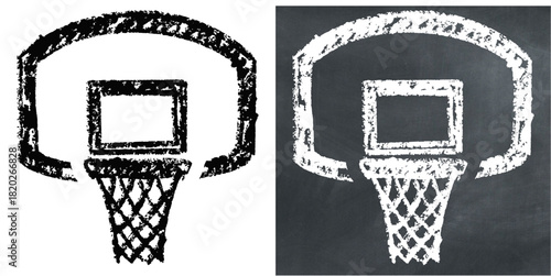 Chalk Handdrawn Basketball Ring Vector Ideal for sports, equipment, and educational projects, featuring a rough, sketched basketball hoop on a chalkboard background.