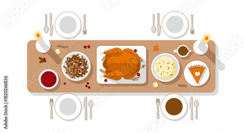 Overhead illustration of a traditional Thanksgiving dinner table set with a roasted turkey, side dishes, and pumpkin pie.