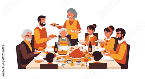A multi-generational family gathers around a table laden with Thanksgiving food for a festive meal.