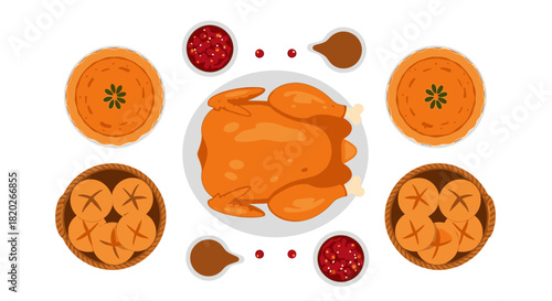 A top-down view of a festive holiday meal featuring a roasted chicken, pumpkin pies, bread rolls, and cranberry sauce.