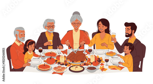 Thanksgiving family gathering at a table, enjoying a festive meal together, celebrating the holiday.