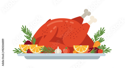 Roasted turkey with orange slices and herbs on a platter.