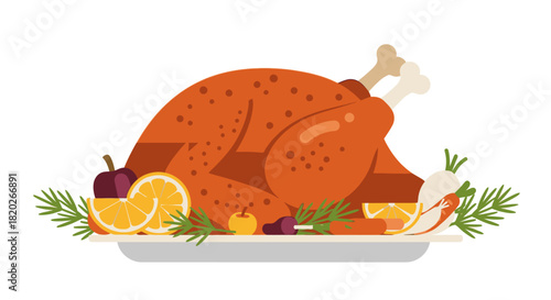 A beautifully roasted golden-brown turkey garnished with fresh herbs and citrus fruits on a platter.