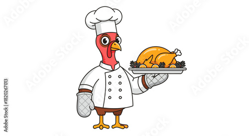 A cartoon turkey dressed as a professional chef holding a silver platter with a roasted bird.