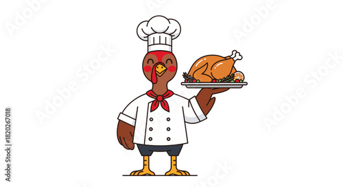 A cheerful cartoon turkey chef holding a silver platter with a perfectly roasted turkey.