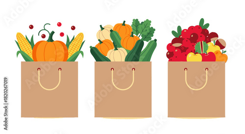 Three brown paper bags overflowing with various colorful fruits and vegetables, a harvest scene.