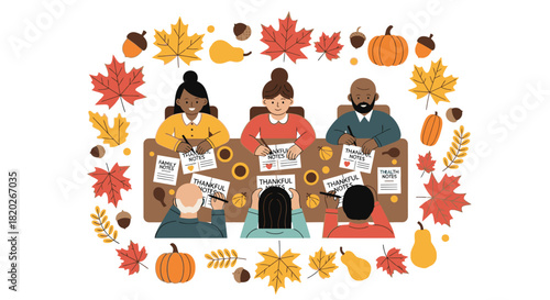 A diverse group of people sitting at a table writing letters of gratitude, framed by autumn leaves and pumpkins.