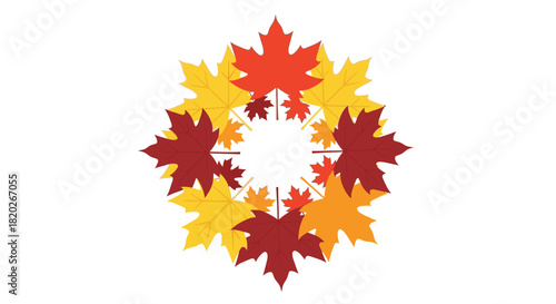 A circular arrangement of colorful maple leaves in shades of red, orange, and yellow, creating a decorative autumn pattern.