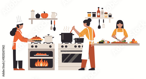 Three women in a kitchen preparing food, one with a chef's hat, another stirring a pot, and the third chopping vegetables.
