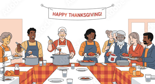 Thanksgiving celebration: diverse group of people serving and enjoying a festive meal together.