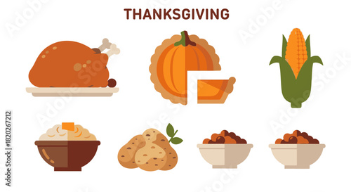 Thanksgiving dinner illustration with turkey, pumpkin pie, corn, mashed potatoes, and stuffing.