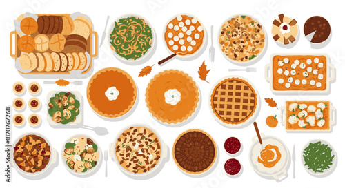 Overhead view of a Thanksgiving feast, featuring various dishes and desserts.