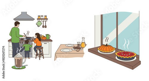 Family preparing food in kitchen with pies cooling by window, hot chocolate.