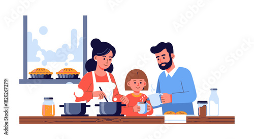 A family of three, including parents and a young daughter, are happily cooking together in a kitchen, with pies visible on a shelf.