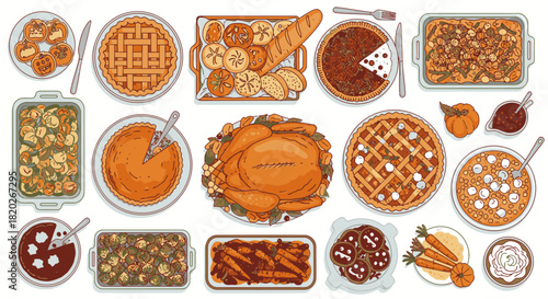 Overhead view of a festive Thanksgiving dinner spread with roasted turkey, pies, casseroles, and numerous side dishes, ready for a holiday feast.