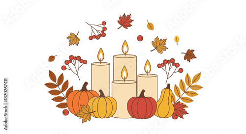 Autumn harvest arrangement with lit candles, pumpkins, gourds, colorful fall leaves, and red berries, perfect for Thanksgiving decor.