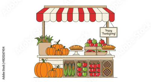 Illustration of a Thanksgiving market stand with pumpkins, apples, and pies.