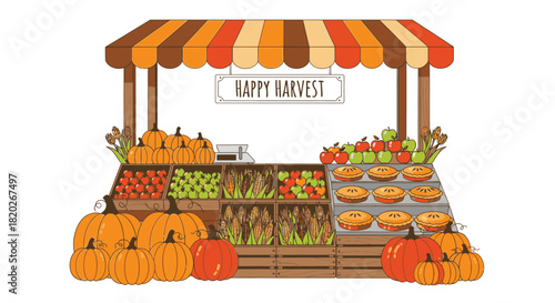 Illustration of a vibrant autumn harvest market stall filled with seasonal produce.