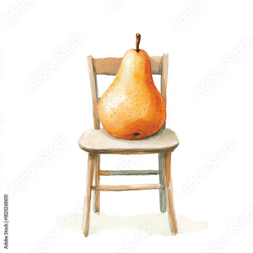 yuniazizah__a_cute_Pear_fruit_on_a_chair_in_neutral_muted_colou_a4fccaa9-6d69-4d65-833a-6f369df45dfa