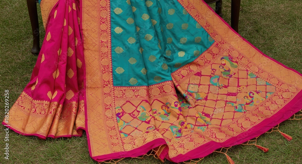 Naklejka premium Exquisite silk saree with vibrant pink and turquoise hues, intricate golden zari work, and traditional Indian motifs for stunning cultural fashion and elegant festive occasions