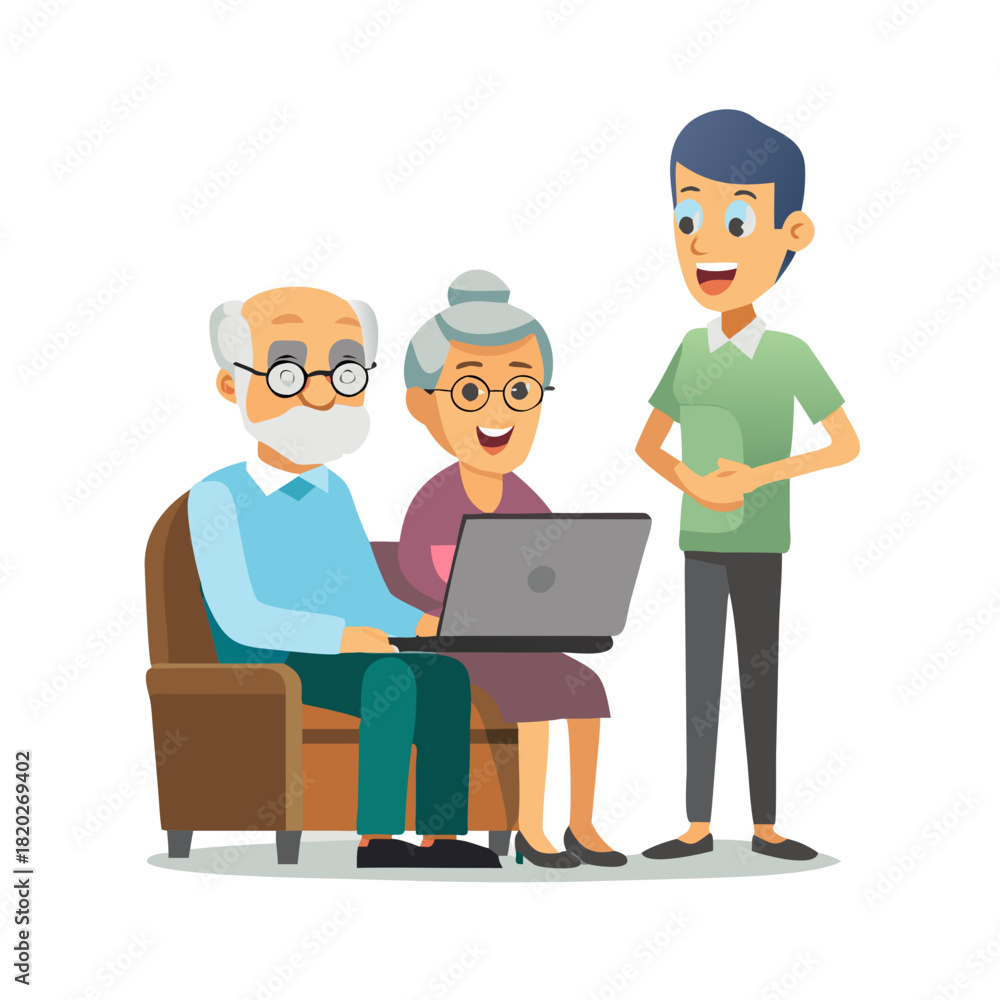 Obraz premium cartoon man and woman looking at elderly man using a laptop computer