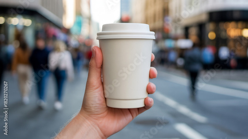 Blanko Mehrweg-Kaffeebecher vor Stadthintergrund