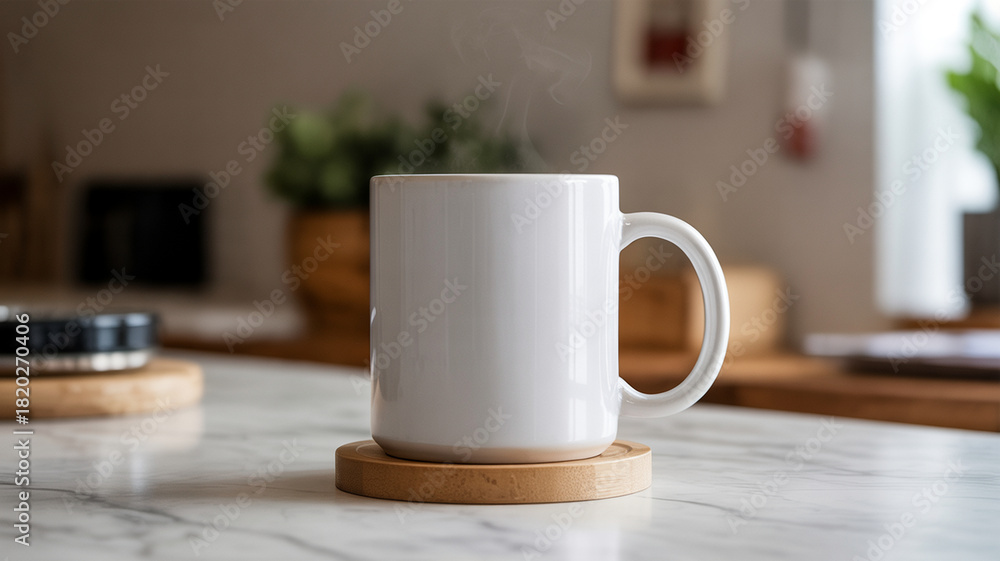 Fototapeta premium Nahaufnahme: Blanko Keramiktasse mit Dampf auf Holzuntersetzer