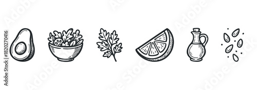 Set of simple line drawings of healthy food ingredients like avocado, salad, herbs, citrus, oil, and seeds. Perfect for recipes and wellness graphics.